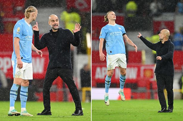 Pep Guardiola spotted giving Erling Haaland heading advice despite derby brace