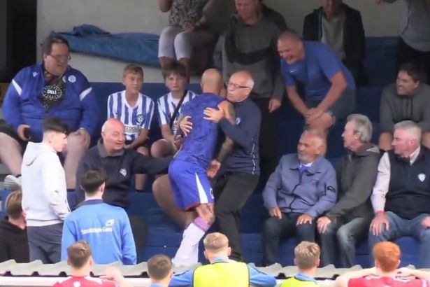Footballer jumps in crowd, rips top off and tries to fight fan before being sent off